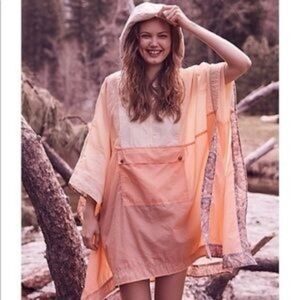Free People Rain Poncho Jacket Orange Blue Paisley Oversize Zipper Pocket OS